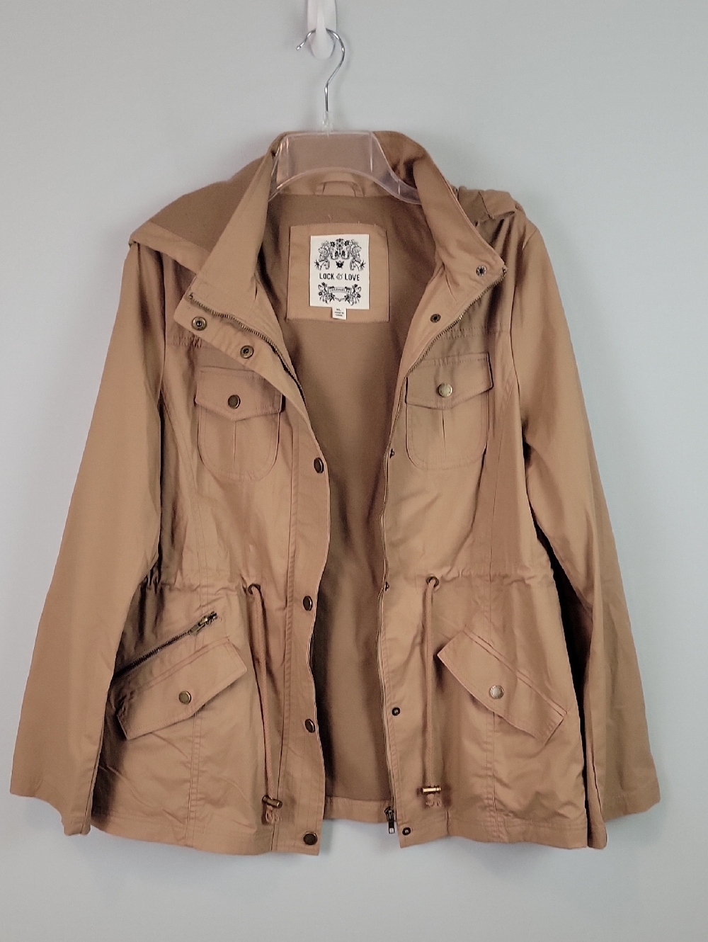 Lock & Love cinch waist hooded all cotton tan jacket size XL